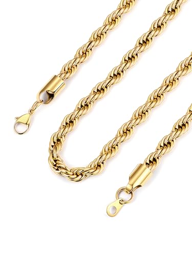Bandmax Solid 1.5mm/2mm/3mm/6mm Rope Chains for Men Women 14K Gold Plated/Black Plated Stainless Steel Twist Chain 16-30 Inches, with Gift Box - color: 11 6MM Gold Plated