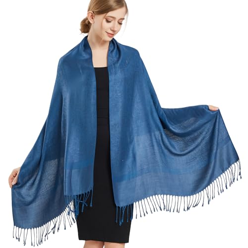 Silky Paisley Pashmina Shawl Scarf-Women's Soft Double-side Jacquard Pashminas Wrap for Evening Dress Travel Shawl - color: A-blue