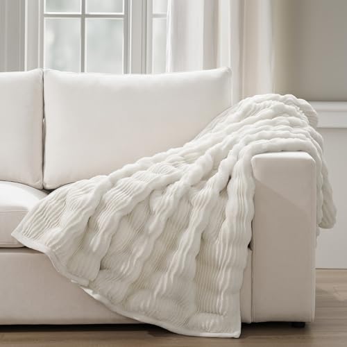 EVERGRACEHOME Ultra Soft Faux Fur Throw Blanket for Couch, Luxury Sculpted Texture Faux Rabbit Fur Blanket for Bed, Fluffy Thick Plush Warm Fuzzy Throw, 920GSM (Bright White, 50''x60'') - color: Bright White, size: 50''x60''