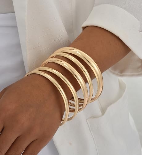Chunky Gold Bangle Bracelets for Women, Dainty 14k Gold Plated Big Stackable Bangles Set, Trendy Statement Cuff Bracelet Stack Fashion Jewelry Gifts - style: 5 Gold african bangles