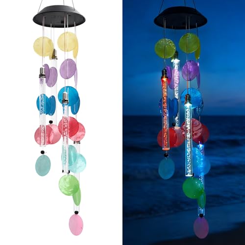 Solar Wind Chimes for Outside Decor, Andvon Shells Wind Chimes with 4 LED Tubes Color Lights Changing Waterproof Indoor/Outdoor Unique Hanging Decor Gifts for Garden