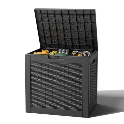 Outdoor Storage Box, Resin Deck Boxes Indoor and outdoor, Waterproof Storage Box Lockable Lid (Black,32 Gallon) - color: Rattan Black, style: 32 Gallon
