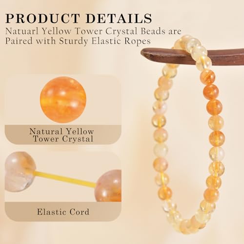 Agate Round Beaded Bracelet for Women Men Natural Agates Stone Healing Bracelets Stretch Elastic Handmade Polished Gemstone Beads Bracelet - color: Yellow Tower Crystal, size: 6mm Beads