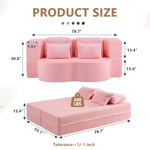 2-in-1 Folding Sofa Bed with Pillow, No Assembly Futon Twin Size Sofa Bed, Breathable Velvet Convertible Couch Bed for Living Room and Guest Room, 78.7 Inch, Pink - color: Pink-78.7", size: 2 seat
