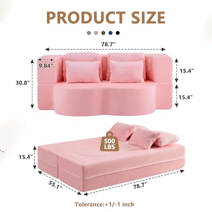2-in-1 Folding Sofa Bed with Pillow, No Assembly Futon Twin Size Sofa Bed, Breathable Velvet Convertible Couch Bed for Living Room and Guest Room, 78.7 Inch, Pink - color: Pink-78.7", size: 2 seat