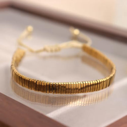 Tila Beaded Stretch Strand Bracelets for Women, Cute Boho Stackable Handmade Colorful Mixed Flat Square Beads Elastic Beach Surfer Bracelet Trendy Jewelry Friend Gift - color: Solid Gold
