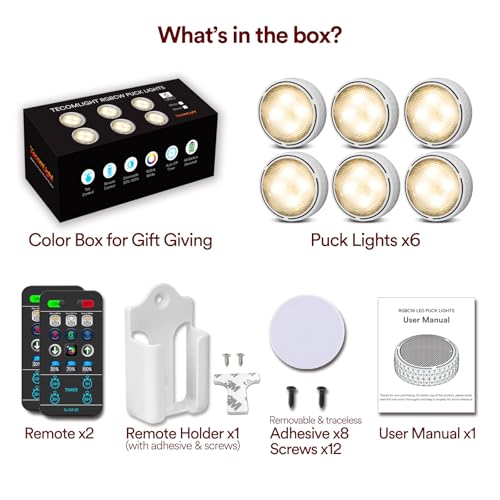 Puck Lights with Remote Control, Battery Operated Wireless Under Cabinet Lighting, Stick on Tap Push Lights for Kitchen, Shelf, 6 Pack - White - color: White, size: 6 Pack