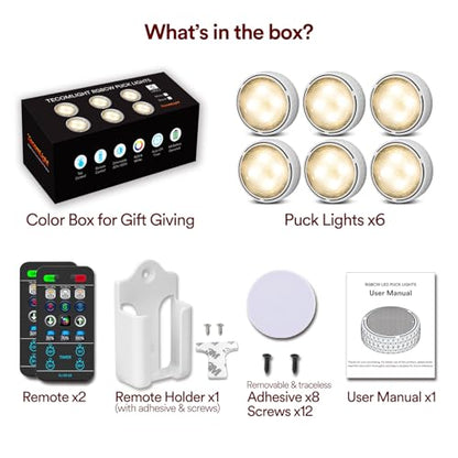 Puck Lights with Remote Control, Battery Operated Wireless Under Cabinet Lighting, Stick on Tap Push Lights for Kitchen, Shelf, 6 Pack - White - color: White, size: 6 Pack