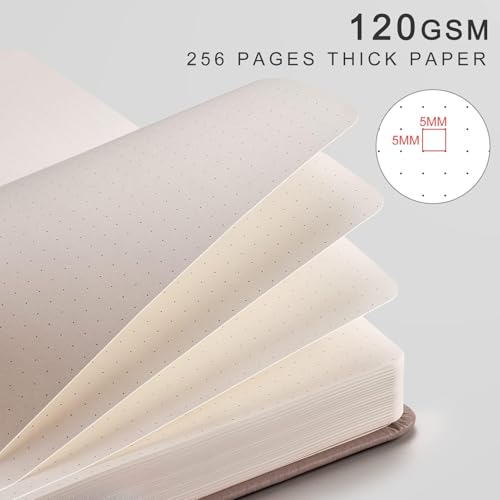 EMSHOI Dotted Journal Notebook, 256 Pages, 120 GSM Thick Paper, A5 Small 5.75"x8.38", PU Leather Hardcover, 5mm Dot Grid Notebook for Journaling, Planning, Drawing, Writing, Khaki - color: Khaki, size: A5-Dotted