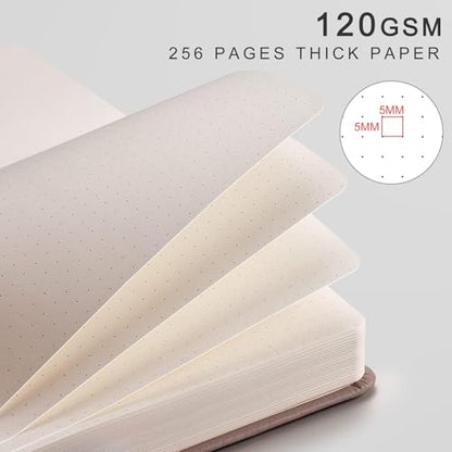 EMSHOI Dotted Journal Notebook, 256 Pages, 120 GSM Thick Paper, A5 Small 5.75"x8.38", PU Leather Hardcover, 5mm Dot Grid Notebook for Journaling, Planning, Drawing, Writing, Khaki - color: Khaki, size: A5-Dotted