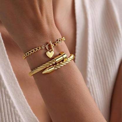 2PCS 18K Gold Plated Nail Bangle & Chain Bracelet Set for Women, Adjustable Stackable Bangle Jewelry, Dainty Gold Bracelet Gift for Women - color: Set H