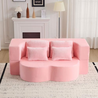 2-in-1 Folding Sofa Bed with Pillow, No Assembly Futon Twin Size Sofa Bed, Breathable Velvet Convertible Couch Bed for Living Room and Guest Room, 78.7 Inch, Pink - color: Pink-78.7", size: 2 seat