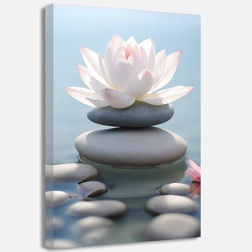QIXIANG Pink Lotus Flower Canvas Wall Art Zen Stone and Pink Floral Meditation Painting for Serene Home Zen Enthusiasts Home Framed(Lotus-D,24.00" x 36.00") - color: Lotus-D, size: 24"L x 36"W