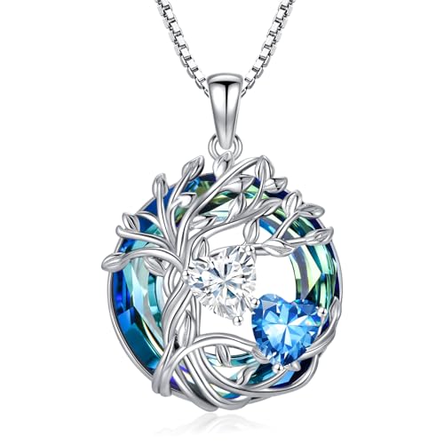 TOUPOP s925 Sterling Silver Family Celtic Tree of Life Pendant Necklaces with 2 Heart Birthstone with Blue Austrian Crystal Jewelry Birthday Valentines Day Gifts for Her, Anniversary Christmas Gifts for Wife Girlfriend Mom (18K Real White Gold Filled) - c