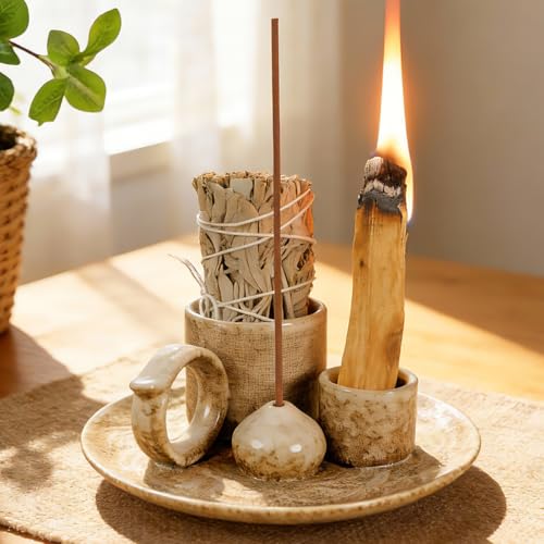 4.1-Inch 5-in-1 Ceramic Smudge Bowl-Versatile Incense Stick Holder and Smudging Dish for Palo Santo and Sage–Ideal for Zen Altar, Meditation,Yoga, and Aromatherapy–Easy to Clean Brown Design - color: Palo-incense-dish-brown