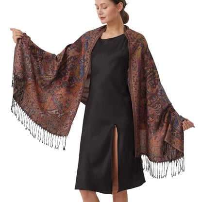 Paisley Pashmina Rave Shawl Scarf-Women's Reversible Ethnic Jacquard Pashmina Wraps for Travel - color: A#.blue Red Yellow