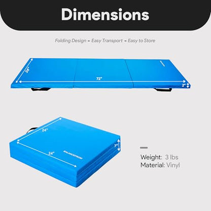 BalanceFrom 6x2 Feet 3-Panel Folding Gymnastics Mat – 2-Inch Thick Pad with Vinyl Surface and Carrying Handles for Tumbling, Yoga, Pilates, Home Workouts, and Martial Arts - color: Blue2