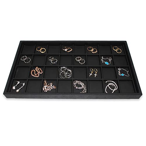 cBox CuteBox Company Black Plastic Tray (14.75” x 8.25” x 1”) with 32 Compartments Black Wooden Tray Insert for Jewelry Storage, Organization, Merchandise, Display