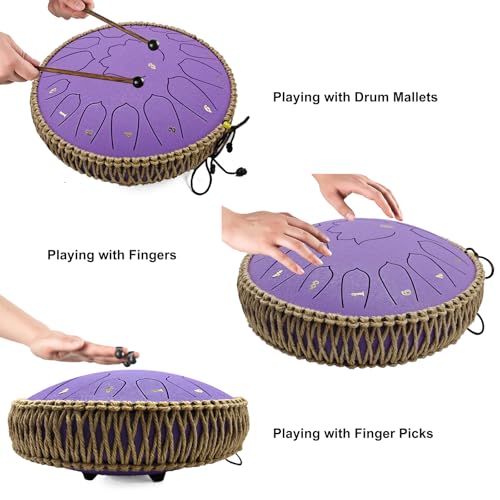 BETESINE 13-Inch 15-Note Steel Tongue Drum in C Major, Beginner-Friendly Meditation Drum with Mallets, Music Book, Finger Picks, Carry Bag & Note Stickers, Violet - color: Violet