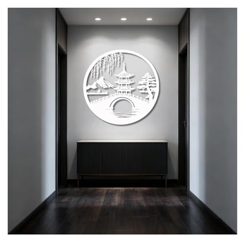 Japanese Style Metal Wall Art, Round Pagoda & Bridge Landscape Wall Decor, Metal Wall Sculpture For Living Room Bedroom Zen Home Decorations(White,19x18 in/47x47 cm) - color: White, size: 19x18 in/47x47 cm
