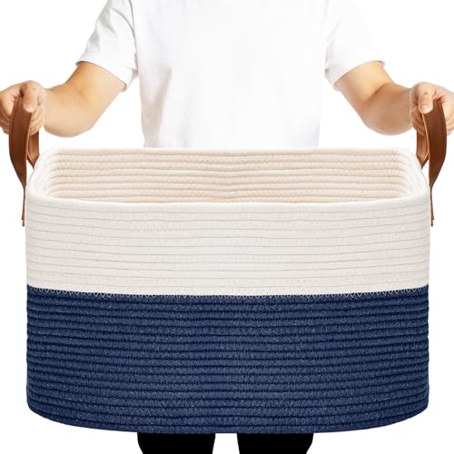 BOLDMONKEY 72L Laundry Basket with Leather Handles,Woven Cotton Rope Blanket Basket,Toy Bin for Baby Room,Laundry Hampers for Bedroom, Living Room,Bathroom,22"x17"x11.8" Navy - color: Navy, size: 72L
