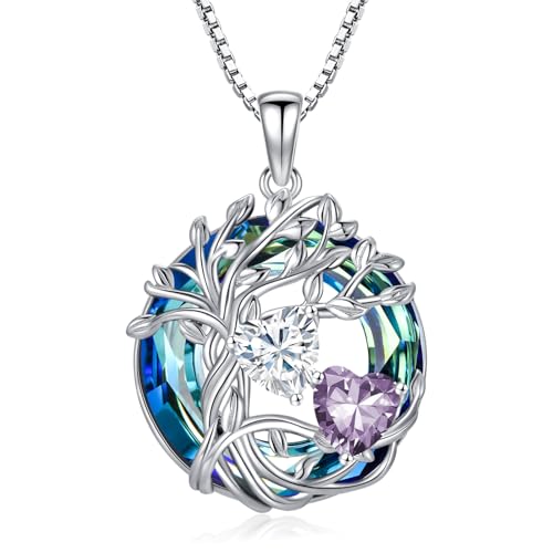 TOUPOP s925 Sterling Silver Family Celtic Tree of Life Pendant Necklaces with 2 Heart Birthstone with Blue Austrian Crystal Jewelry Birthday Valentines Day Gifts for Her, Anniversary Christmas Gifts for Wife Girlfriend Mom (18K Real White Gold Filled) - c