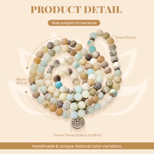 Natural 108 Mala Amazonite Beads Yoga Necklace with Lotus Pendant, Gemstone Beads Wrap Bracelet for Meditation & Mindfulness, Stretch Prayer Beads Necklace for Women & Men, Stress Relief Mother's Day Spiritual Gifts, Includes Gift Box - 6mm