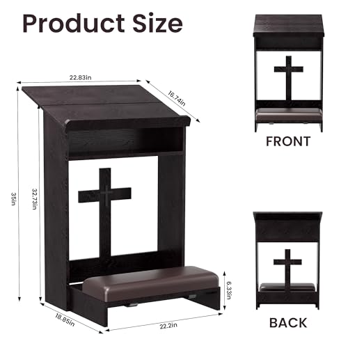 Foldable Prayer Kneeler, Wooden Prayer Bench with Storage Shelf, Cushion Pad, Rounded Corner Bookend and Customizable Cross Decoration, Reinforced Steel Tube Base Design (Dark Brown)