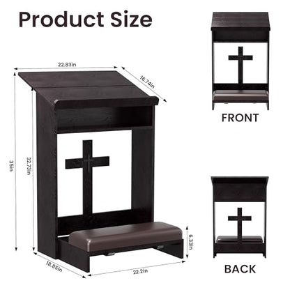 Foldable Prayer Kneeler, Wooden Prayer Bench with Storage Shelf, Cushion Pad, Rounded Corner Bookend and Customizable Cross Decoration, Reinforced Steel Tube Base Design (Dark Brown)