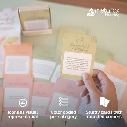 metaFox Mindful Moments 55 Mindfulness Cards with Affirmations, Meditation Activities & Mindful Exercises | Mindful Reminders Card Deck for Adults, Self Care & Daily Reflection