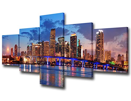 Unsleep NYC Wall Art - 5 Panel Miami Beach City Night Cityscape Skyline - Canvas Print for Living Room - 50" W x 24" H - color: Artwork-18, size: 50"W x 24"H