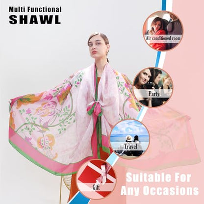 100% Mulberry Extra Large Silk Pashmina Scarf Shawls And Wraps For Women Evening Dress Summer Travel Floral Blanket - color: 76 Green&pink