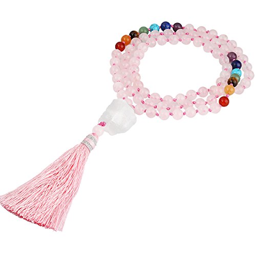 SUNYIK 7 Chakra Stone Buddhist Bracelet,Paryer Beads Necklace Strand for Meditation,Rose Quartz