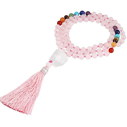 SUNYIK 7 Chakra Stone Buddhist Bracelet,Paryer Beads Necklace Strand for Meditation,Rose Quartz