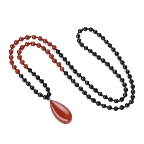 COAI Teardrop Pendant Necklace 108 Mala Stone Beaded Necklace, Prayer Beads Necklace for Women - style: Onyx & Red Jasper