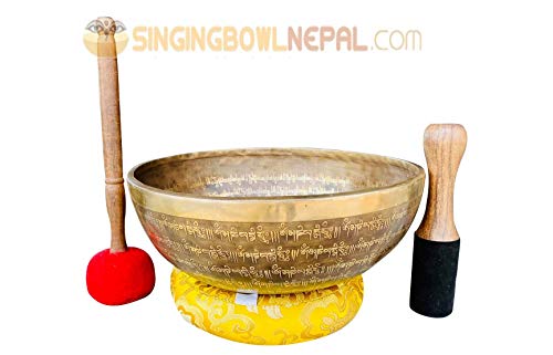 11" Healing Mantra Carved Buddha Root C Note Tibetan Singing Bowl, Hand Hammered Nepal Yoga Singing Bowls with Cushion & Mallet Striker