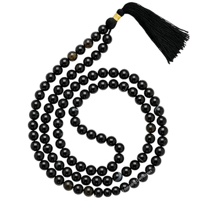 Amazing Gemstone Japa Mala 108 Prayer Beads Necklace and Wrist Mala Bracelet for Meditation - color: Black Banded Agate, size: Without Knots