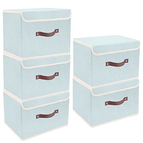 Foldable Storage Boxes with Lids 5 Pack Fabric Storage Bins with Lids, Closet Organizers for Clothes Storage, Room Organization, Office Storage, Toys - Aqua Spring - color: Aqua Spring, size: 5-pcs 14.9x9.8x9.8 in
