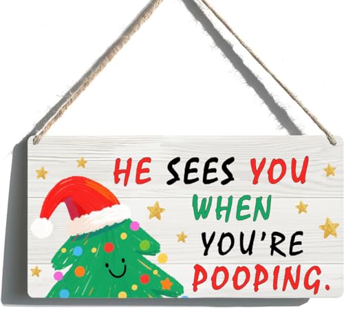 Funny Christmas Bathroom Sign, He Sees You When You're Pooping Sign - Christmas Bathroom Decor, Indoor Xmas Decorations for Home, 6x12 Inch Wooden Signs - color: 07SeesUPoop