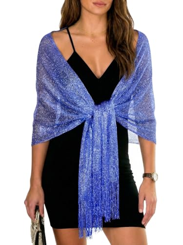 Sumolux Shawls Wraps for Evening Dresses Metallic Glitter Shawls Scarf for Women Sparkling Wedding with Free Buckle - color: Blue