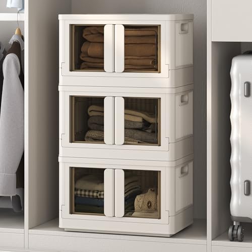 FLEXIMOUNTS 110 QT Stackable Storage Bins With Lids, Collapsible Plastic Storage Bins With Doors and Built-in Wheels For Home Dorm Closet Organizers and Storage, 3 Pack Cubes, Milky White - color: Milky White, size: 37 Qt-3 Pack