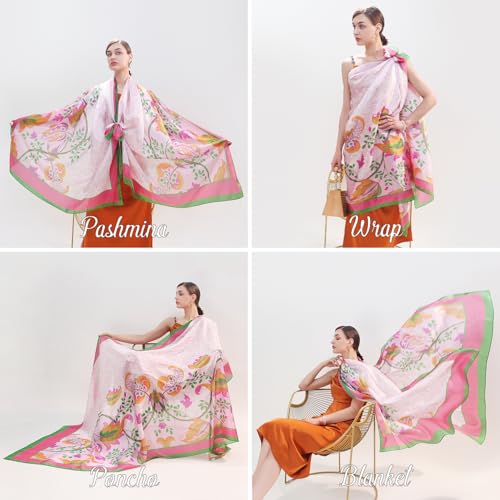 100% Mulberry Extra Large Silk Pashmina Scarf Shawls And Wraps For Women Evening Dress Summer Travel Floral Blanket - color: 76 Green&pink