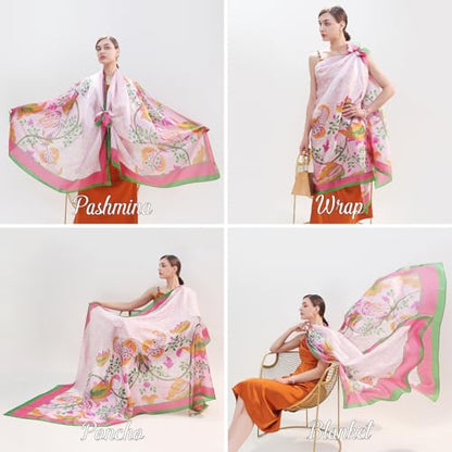 100% Mulberry Extra Large Silk Pashmina Scarf Shawls And Wraps For Women Evening Dress Summer Travel Floral Blanket - color: 76 Green&pink