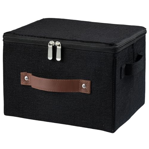 Storage Bins with Zipper Lid Foldable Fabric Lidded Storage Boxes Baskets Cubes Washable Collapsible PU Leather Handle Cotton Linen Fabric Shelf Closet Organizer Container(Black, Small Size) - color: Black, size: Small ( Set of 1 )