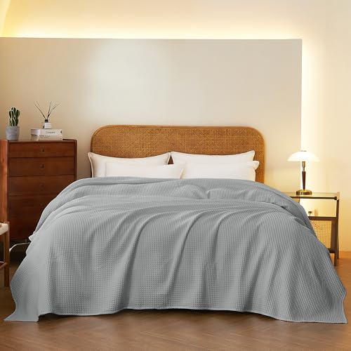 100% Cotton Waffle Blanket (Gray - Twin Size - 66 * 90''), Pre-Washed and Anti-Shrinkage Soft Lightweight Bed & Couch Blanket, 380 GSM Waffle Weave Throw Blanket for All Seasons - color: Light Grey, size: Twin (66"*90")