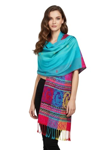 PASKMLNA Double Side Multi Colors Silky Tropical Colorful Exotic Pashmina Wrap Shawl Scarf Rave - color: #7turquoise Blue