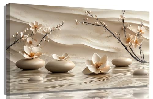 FEACFQKJ Zen Canvas Wall Art White Lotus Wall Decor Print Artwork Lotus Flowers Bloom Stones Spa Painting Pictures for yoga meditation room decoration 48x24in - color: Canvas, size: 48"L x 24"W