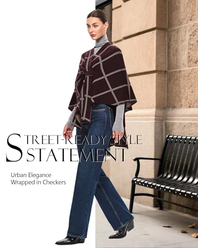 PULI Women's Elegant Shawl Wraps Soft Open Front Poncho Sweater for Spring Fall Winter - color: Classic Check-burgundy and Oatmeal