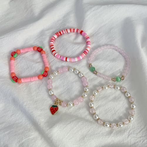 Healing Beads Bracelets for Women Men, Adjustable Natural Stone Beaded Bracelet Stackable Chain Stretch Jewelry Gifts - color: 5PCS Strawberry Beaded