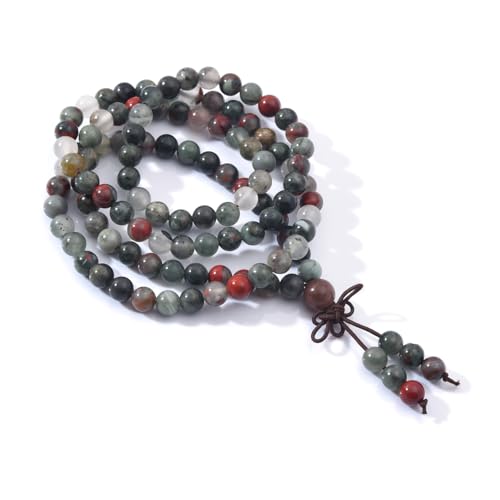 108 Mala Prayer Beads Bracelet 6mm Genuine Gemstone Healing Crystal Stone Beaded Bracelet Buddhist Tibetan Handmade Knotted Elastic Necklace for Yoga Meditation Unisex Women Men - color: African Bloodstone